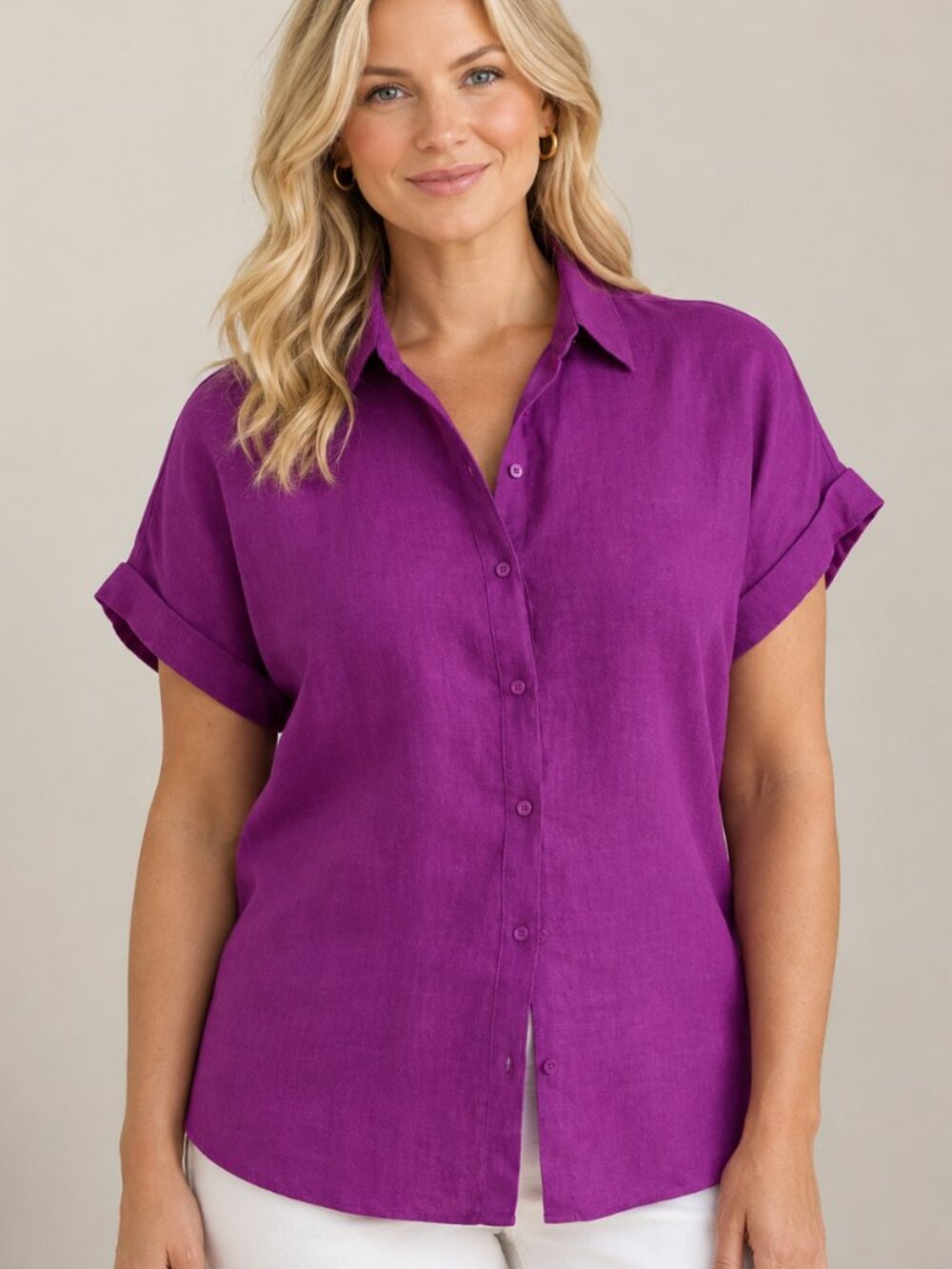 Lauren Ralph Lauren Linen Button Down Women's XL Purple Short Sleeve Preppy